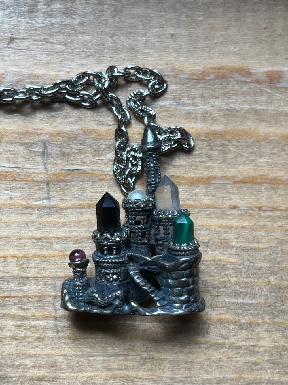 Castle Pendant With Silver Chain with Green, Black, and Clear Crystals
